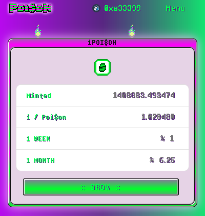 😈 The price of iPoi$on is increasing!  

🌍 8000 Poi$on placed into #iPoison contract on #Arbitrum!🔥🎇🎆

🔐 Lock iPoi$on for 1 WEEK and earn a 1% reward OR lock iPoi$on for 1 MONTH and earn a 6.25% on #Arbitrum!

$Poison $RWA #DeFi