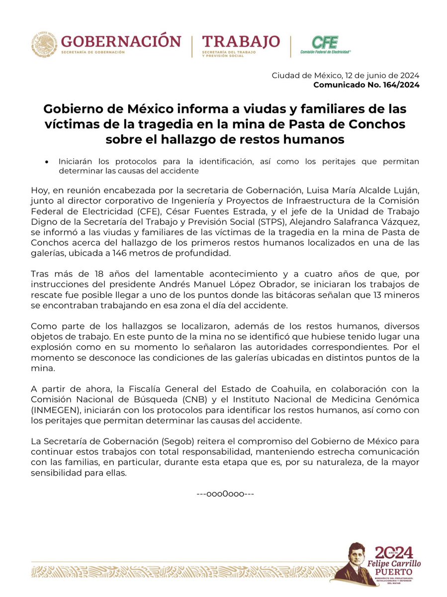 LuisaAlcalde's tweet photo. El @GobiernoMX informa a viudas y familiares de las víctimas de la tragedia en la mina de Pasta de Conchos sobre el hallazgo de restos humanos. https://t.co/S6K3iAtNV2