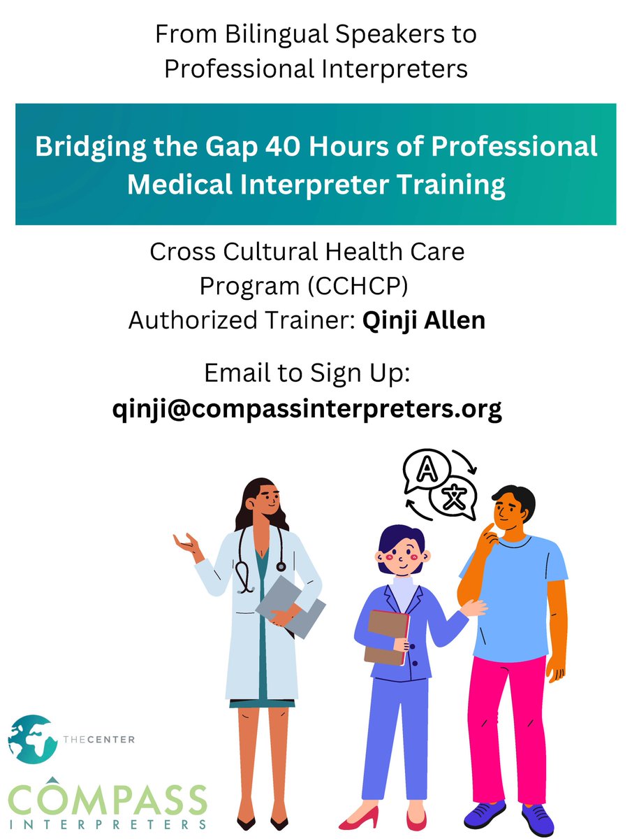 Want to be a medical interpreter? Sign up now for Compass Interpreters next medical interpreter training.
Dates: June 29, July, 6, 13, 20, 27th.

The Center has offered Bridging the Gap training for more than 20 years. Compass Manager, Qinji Allen, is a licensed BTG Trainer