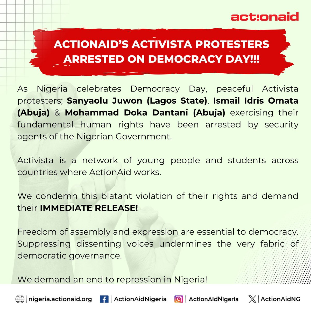 Victor_Terhemba's tweet image. It’s unfortunate that the @PoliceNG will carry out undemocratic actions on a day that the country is celebrating 25 years of interrupted democracy. I join the call for the immediate release of illegally arrested @ActivistaNG comrades. #FreeTheActivsita3 #ProtestIsNotACrime