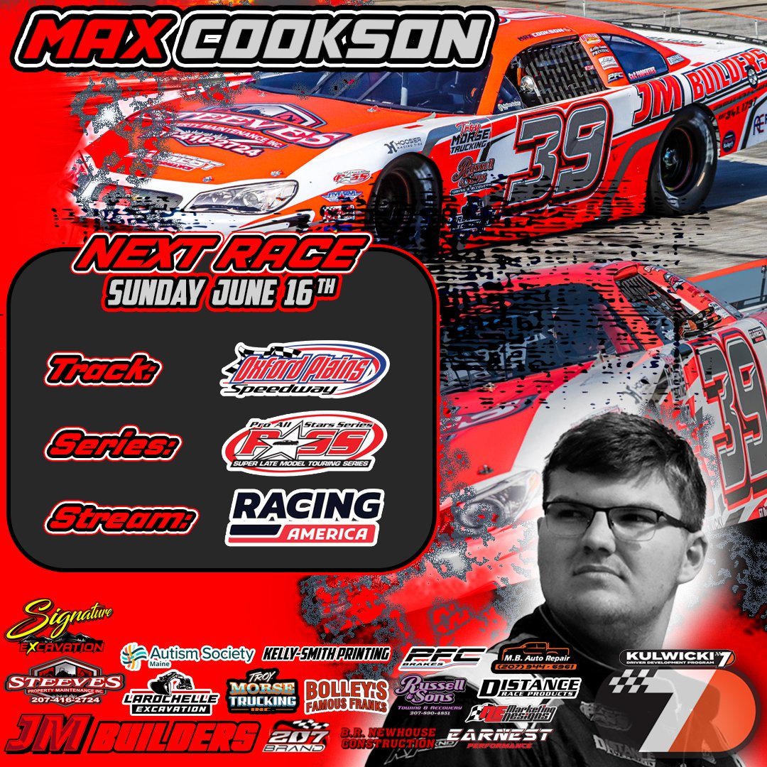 MaxJCookson's tweet image. 🏁 Double the Challenge, Double the Thrill at Oxford Plains Speedway!

This Sunday, Max and the #39 team are at OPS with PASS.

The action-packed day starts at 1 PM. After a swift 15-minute practice, we're back on track with qualifying for the second 150 around 3 PM.