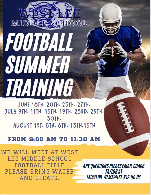 🗣️🚨Do you want to be apart of the Pride football team?! Start training now! 💙💛🦁 #WLMS #PrideRocks <a href="/leecoschoolsnc/">Lee County Schools</a> <a href="/WestLeeMSPride/">WestLeeMiddleSchool</a>