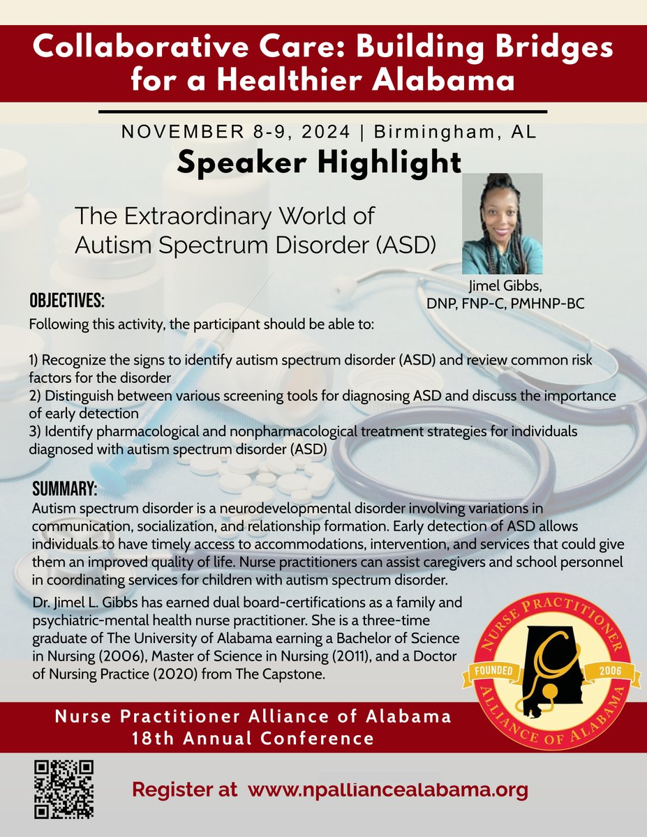 AlabamaNPs's tweet photo. Excited to have Dr. Jimel Gibbs speak at the NPAA conference. Her talk will discuss what NPs can do to make a difference in children with Autism Spectrum Disorder. #ASD #speaker#NPAAconference https://t.co/Tzq2A68DyC