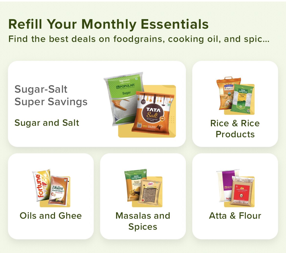 UNuances's tweet photo. (882) @bigbasket_com has a section called, “Refill your monthly essentials”, which offers all products on daily essentials, like rice, oils, spices in one place so that it’s easier for the user to browse &amp; add the relevant items to the cart!
#bigbasket #product #UNuances https://t.co/3yWPrltYXw