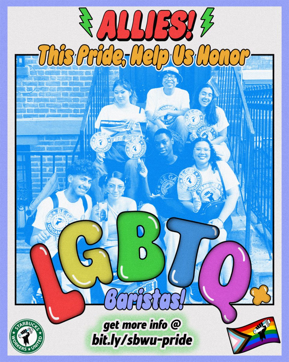 ‼️CALLING ALL ALLIES‼️
This Pride, we're celebrating our LGBTQ+ baristas and all of the work they've done to make our community - and the larger labor movement - better.

We're asking for volunteers (you!) to help spread the love!

Sign-up +more info here: bit.ly/sbwu-pride