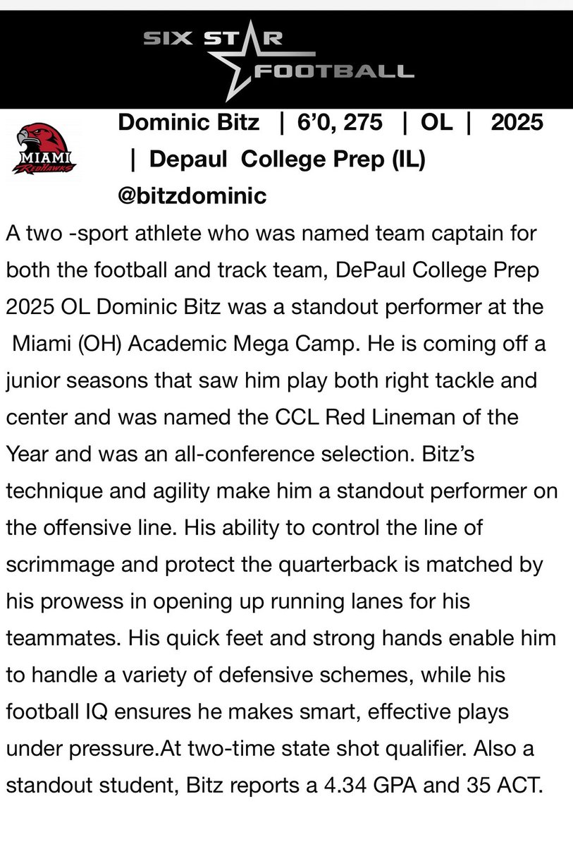 Dominic Bitz (@bitzdominic) on Twitter photo Thank you <a href="/sixstarfootball/">Six Star Football | PLUS+</a> for the write up after my performance at the Miami of Ohio Mega Camp and my past season. <a href="/DePaulPrepFB/">DePaulPrepFB</a> <a href="/coachpass23/">Michael Passarella</a> <a href="/CoachBizz/">Nick Bizzieri</a> <a href="/KylePetros1/">Coach Petros</a> <a href="/OLMafia/">OL MAFIA</a> Thank you <a href="/sixstarfootball/">Six Star Football | PLUS+</a> for the write up after my performance at the Miami of Ohio Mega Camp and my past season. <a href="/DePaulPrepFB/">DePaulPrepFB</a> <a href="/coachpass23/">Michael Passarella</a> <a href="/CoachBizz/">Nick Bizzieri</a> <a href="/KylePetros1/">Coach Petros</a> <a href="/OLMafia/">OL MAFIA</a>