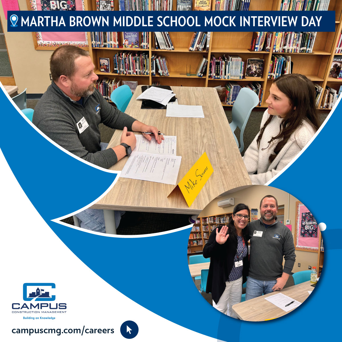 CampusCMG's tweet photo. Campus is always looking for opportunities to educate and engage with students of all ages. This week, we participated in mock interviews with @FCSDtweets students at Martha Brown Middle School. https://t.co/TBVqWPH8Dq