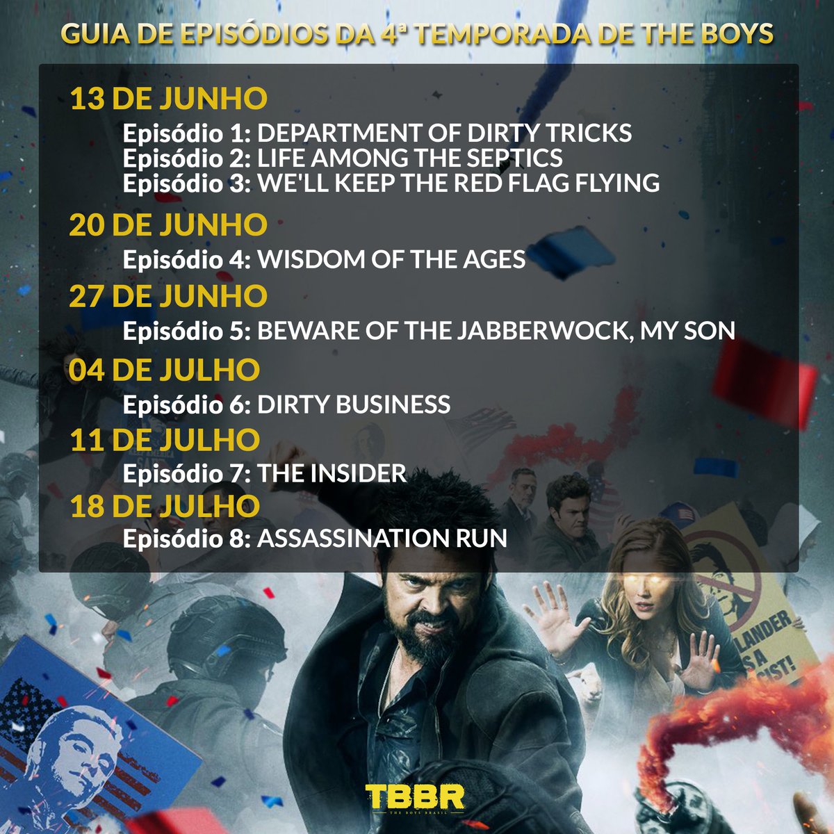 🚨 UTILIDADE PÚBLICA: Datas de lançamento e títulos de todos os episódios  da 4ª temporada de #TheBoys. Os episódios estarão disponíveis no streaming  às 4h (horário de Brasília), ou seja, nas madrugadas, image size:1200x1200