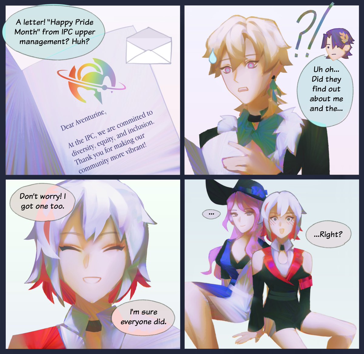 reverdant's tweet photo. Aventurine discovers rainbow capitalism, Topaz discovers something about herself. #Ratiorine #Topajade #HonkaiStarRail https://t.co/xoTatY8Ypg