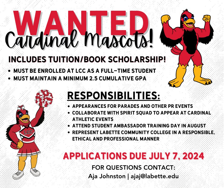 Now taking applications for 2024-2025 Cardinal Mascots! Submit your applications here labette.edu/athletics/masc…

This year we would like to introduce our new addition, Caroline the Cardinal!