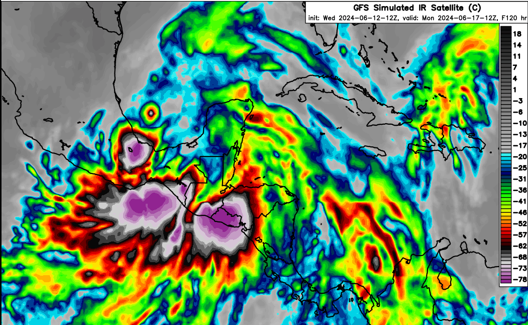 MOISESURBINA's tweet photo. Este es el panorama, desde el Sabado 15 al Martes 18 de Junio 2024. 
Los 2 principales modelos, están mostrando posibilidades de lluvias torrenciales, mas marcadas, sobre El Salvador y Guatemala, pero también Honduras y Nicaragua. La razon detrás de todo ello, es una combinación de al menos 2 sino 3 bajas presiones, tanto en el GM, Caribe y Pacifico. Estas serian las detonantes principales, incluso para levantar sobre tierra la Zona Monzónica de lluvias.  La grafica simulada de IR, es para el Lunes 17 6 am (local), periodo en que pudiésemos tener la mayor precipitación por hora y el resto de imágenes son los acumulados totales que se esperan después de 4 días, al Martes 18 Junio y todos ellos sobrepasan acumulados de 250 mm.
De cumplirse los modelos, estaríamos en una situación bastante critica. 
A estar pendientes
@elnoticiero_6