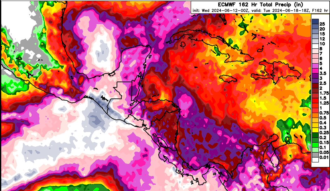 MOISESURBINA's tweet photo. Este es el panorama, desde el Sabado 15 al Martes 18 de Junio 2024. 
Los 2 principales modelos, están mostrando posibilidades de lluvias torrenciales, mas marcadas, sobre El Salvador y Guatemala, pero también Honduras y Nicaragua. La razon detrás de todo ello, es una combinación de al menos 2 sino 3 bajas presiones, tanto en el GM, Caribe y Pacifico. Estas serian las detonantes principales, incluso para levantar sobre tierra la Zona Monzónica de lluvias.  La grafica simulada de IR, es para el Lunes 17 6 am (local), periodo en que pudiésemos tener la mayor precipitación por hora y el resto de imágenes son los acumulados totales que se esperan después de 4 días, al Martes 18 Junio y todos ellos sobrepasan acumulados de 250 mm.
De cumplirse los modelos, estaríamos en una situación bastante critica. 
A estar pendientes
@elnoticiero_6
