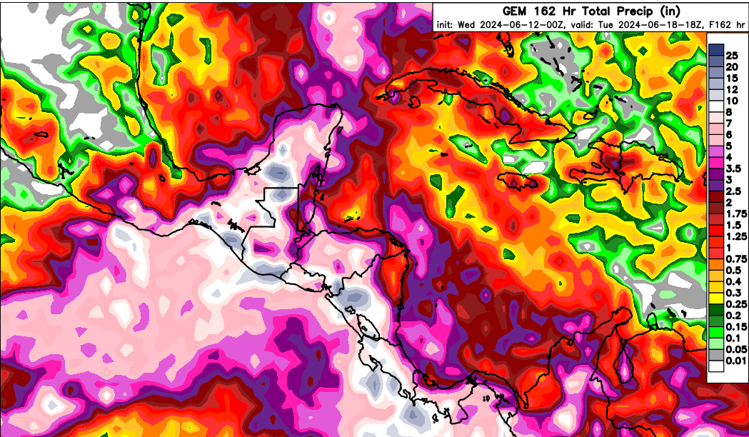 MOISESURBINA's tweet photo. Este es el panorama, desde el Sabado 15 al Martes 18 de Junio 2024. 
Los 2 principales modelos, están mostrando posibilidades de lluvias torrenciales, mas marcadas, sobre El Salvador y Guatemala, pero también Honduras y Nicaragua. La razon detrás de todo ello, es una combinación de al menos 2 sino 3 bajas presiones, tanto en el GM, Caribe y Pacifico. Estas serian las detonantes principales, incluso para levantar sobre tierra la Zona Monzónica de lluvias.  La grafica simulada de IR, es para el Lunes 17 6 am (local), periodo en que pudiésemos tener la mayor precipitación por hora y el resto de imágenes son los acumulados totales que se esperan después de 4 días, al Martes 18 Junio y todos ellos sobrepasan acumulados de 250 mm.
De cumplirse los modelos, estaríamos en una situación bastante critica. 
A estar pendientes
@elnoticiero_6