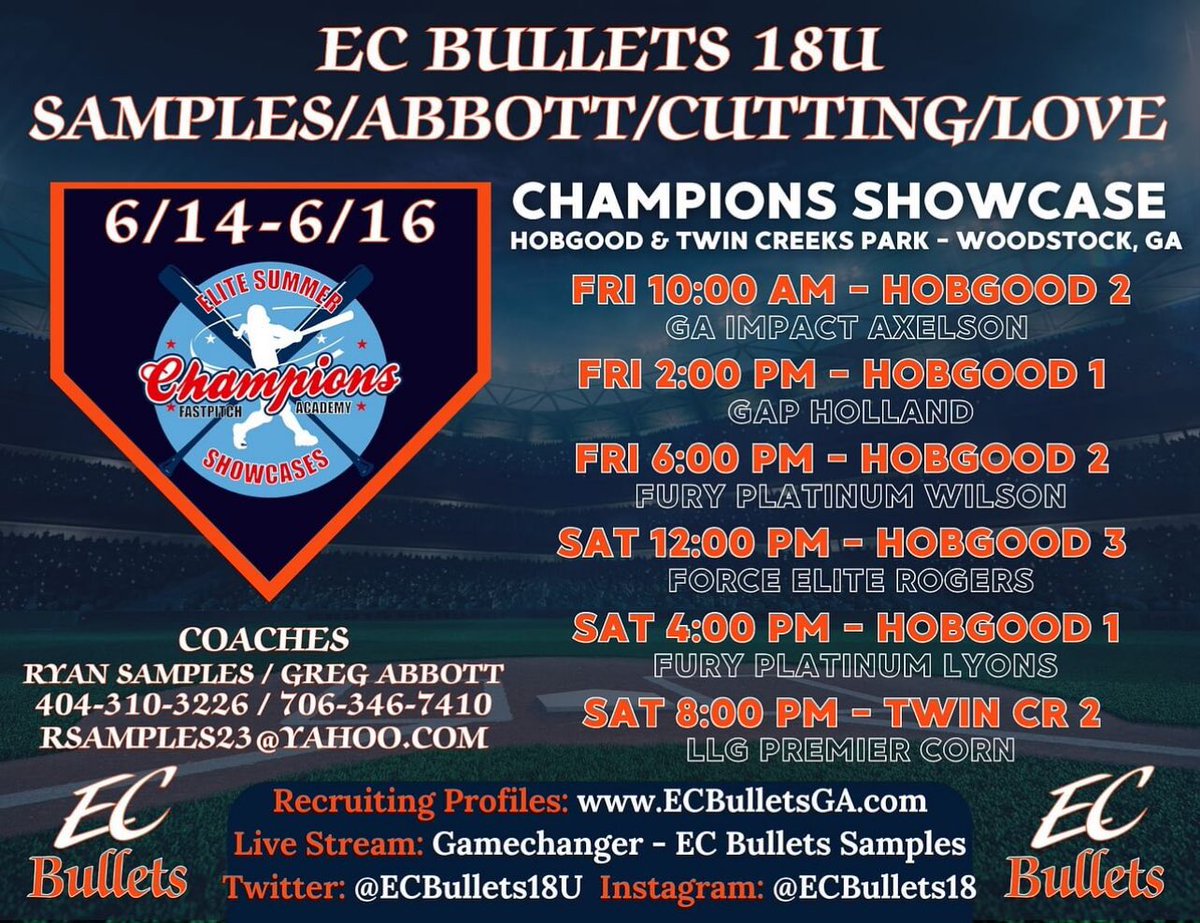 Alyssa Crozier - Uncommited (Softball) (@alyssacrozier11) on Twitter photo Come out and see me play this weekend at the Champions Showcase in Woodstock, Georgia. Here are my game times!
Hope to see you coaches there!!
<a href="/ccgasoftball/">Coastal Georgia Softball</a>
<a href="/CC_Koalas_SB/">Columbia College Softball</a>
<a href="/CSUCougarsSB/">Columbus State Softball</a>
<a href="/BamaStateSB/">Alabama State Softball</a>
@VStateSoftball
<a href="/CFPAShowcases/">Champions Elite Showcases</a>
<a href="/ECBullets18U/">EC Bullets 18U - Samples</a>
<a href="/Kzonefacility/">K Zone</a> Come out and see me play this weekend at the Champions Showcase in Woodstock, Georgia. Here are my game times!
Hope to see you coaches there!!
<a href="/ccgasoftball/">Coastal Georgia Softball</a>
<a href="/CC_Koalas_SB/">Columbia College Softball</a>
<a href="/CSUCougarsSB/">Columbus State Softball</a>
<a href="/BamaStateSB/">Alabama State Softball</a>
@VStateSoftball
<a href="/CFPAShowcases/">Champions Elite Showcases</a>
<a href="/ECBullets18U/">EC Bullets 18U - Samples</a>
<a href="/Kzonefacility/">K Zone</a>