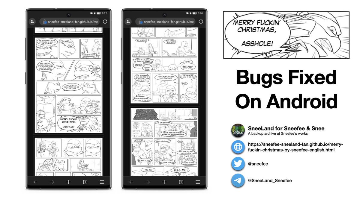 👾We have fixed the issue that the comic was not fully displayed ONLY on Android devices.
📖You can now enjoy the remaining 26 PAGES of Merry Fuckin' Christmas comic on your Android browser.
🔗sneefee-sneeland-fan.github.io/merry-fuckin-c…