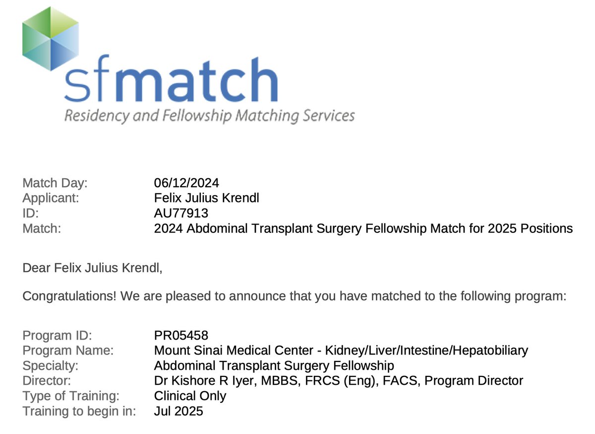 Thrilled to have matched <a href="/MountSinaiNYC/">Mount Sinai Health System</a> for a clinical fellowship position in abdominal transplant and hepatobiliary surgery.

<a href="/ASTSChimera/">ASTS</a> 
#FellowshipMatchDay

Big thanks to my mentors, especially Prof. Schneeberger @schneest for their ongoing support.