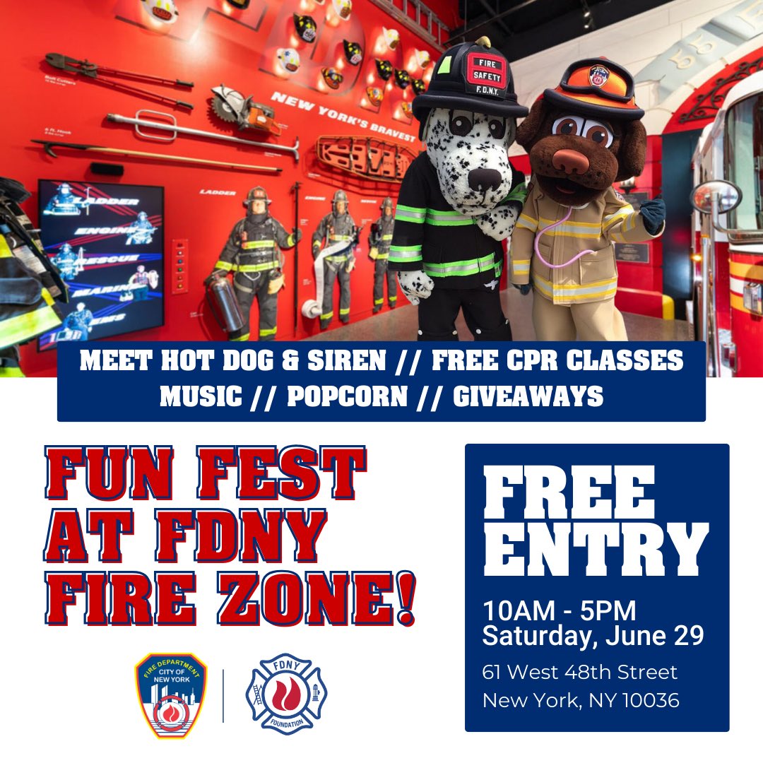 Join me and <a href="/SirenFDNY/">Siren 🚨</a> for Fun Fest on Saturday, June 29, at <a href="/FDNYShop/">FDNY Shop</a> in Manhattan!

⚕️ FREE CPR classes
🍿 Music, popcorn, giveaways
🕙 10AM to 5PM

RSVP here: eventbrite.com/e/fdny-fire-zo…