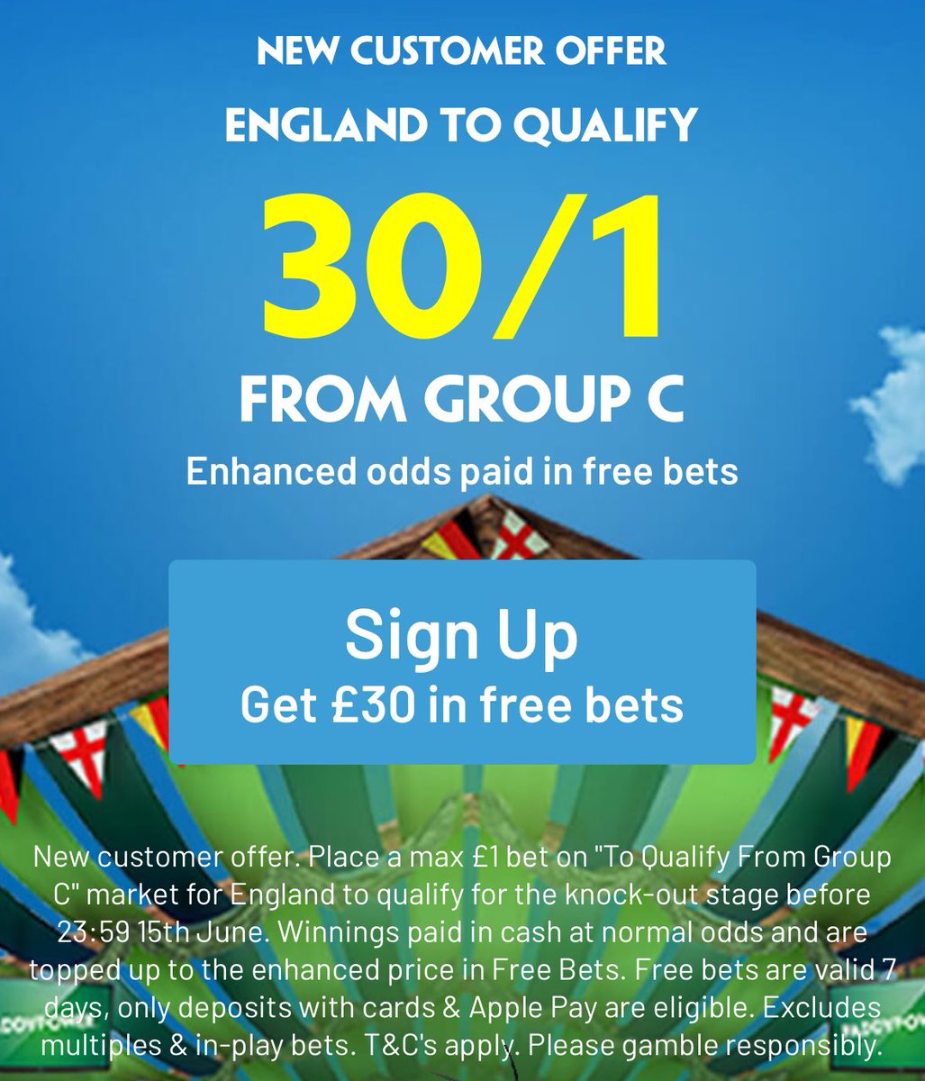 thetipsguide's tweet photo. 30/1 for England to qualify from Group C in the Euro's!

Here 👉🏼 https://t.co/ylUQQjaAtn

New customers only.

£1 max stake, enhanced winnings paid in free bets.

18+ gambleresponsibly #ad T&amp;Cs apply https://t.co/9iBOpFyBFe
