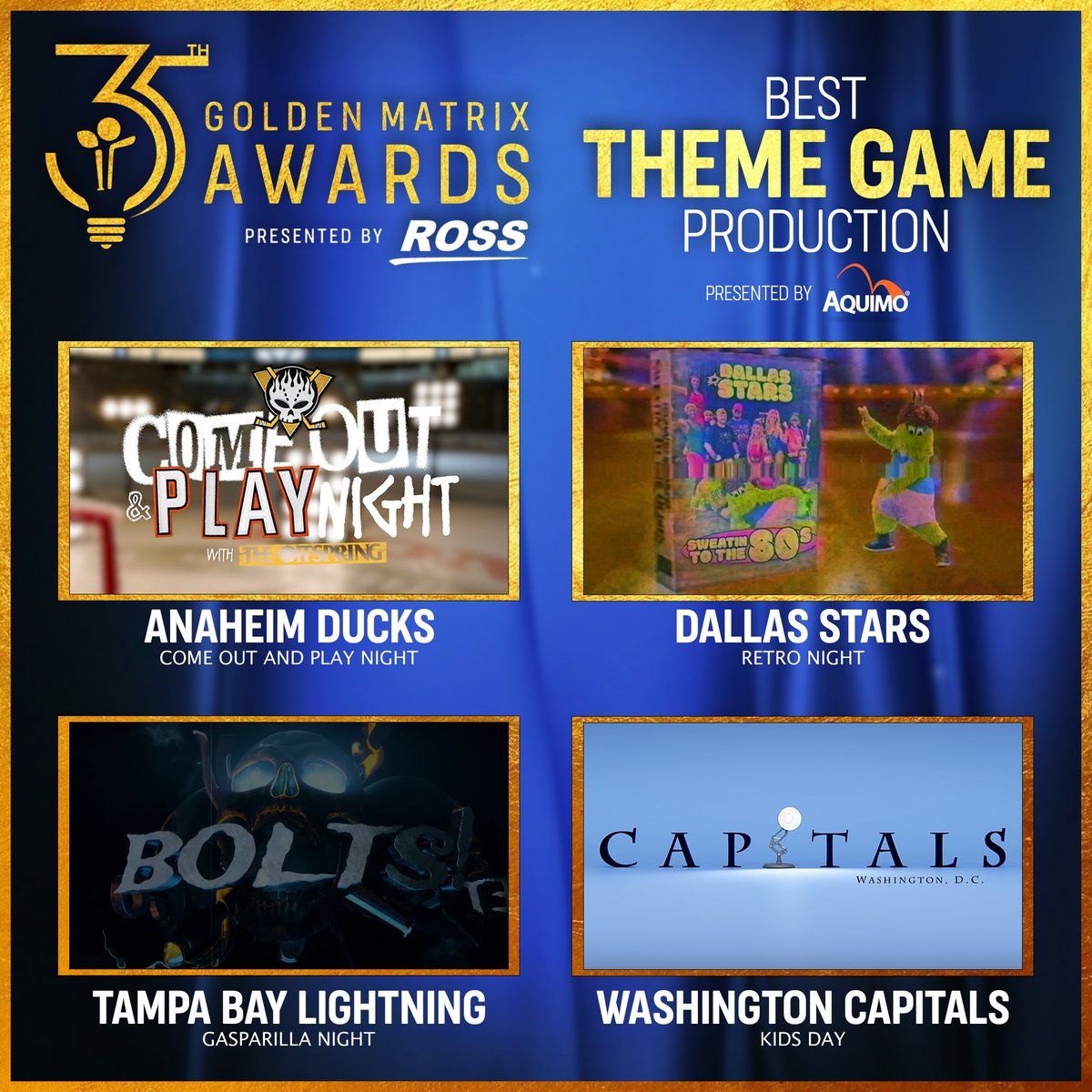 ideaontheweb's tweet photo. Congratulations to the finalists of Best Theme Game Production: @AnaheimDucks @DallasStars @TBLightning @Capitals 
#GMA #IDEASTL #IDEASTLOUIS https://t.co/vsJwIJaqXC