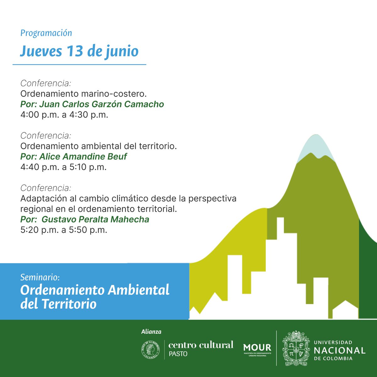limboctante's tweet photo. Invitados al seminario Ordenamiento Ambiental del Territorio organizado por la Universidad Nacional de Colombia y el Banco de la República donde trataremos el tema de espacios públicos desde la Innovación Social 

https://t.co/L2pDxIYvV6 https://t.co/Q4oTDrmICI