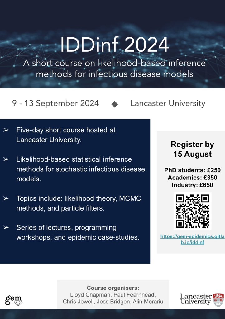 Interested in statistical inference methods for infectious disease models? Come along to IDDinf at <a href="/LancasterUni/">Lancaster University</a> this September!