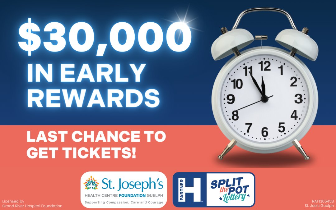 Purchase your Split the Pot Lottery tickets before 🚨MIDNIGHT TONIGHT🚨 to be entered in to the biggest early bird draw yet! Tomorrow, three lucky winners take home $10,000 EACH! 

Purchase your tickets now, in support of St. Joe's Guelph: bit.ly/3UxxJ6j