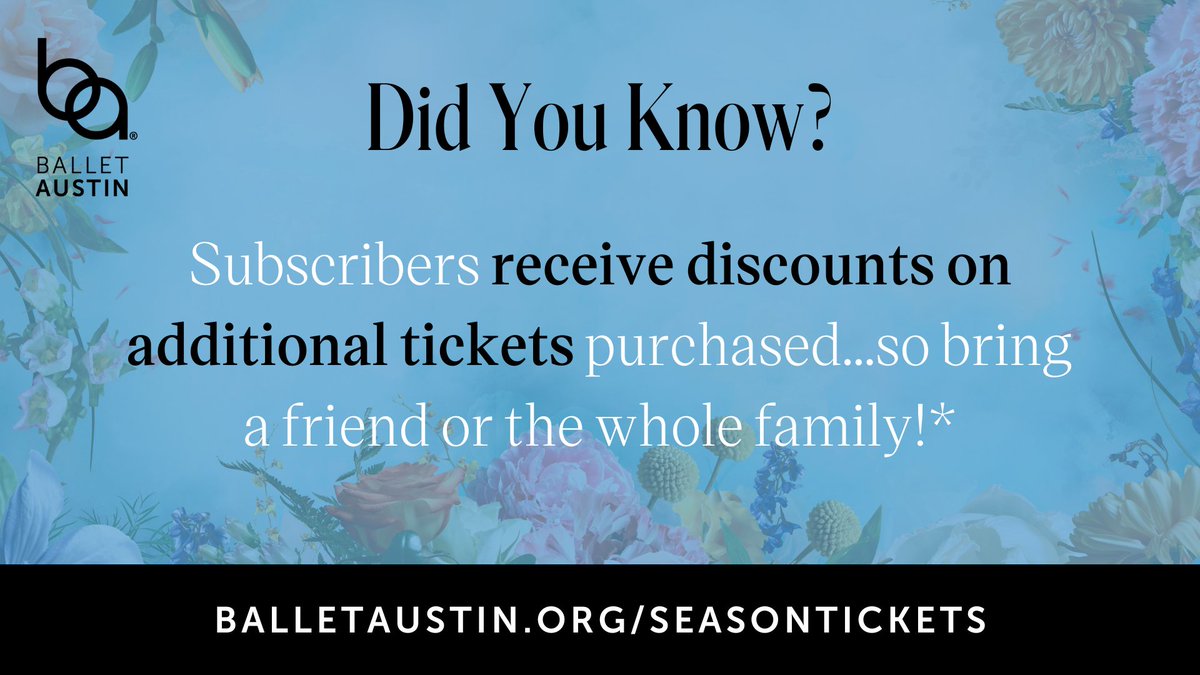 BalletAustin's tweet photo. Did you know that subscribers receive discounts on additional tickets purchased...so bring a friend or the whole family!
Secure your seat! ➡️ https://t.co/uY3K7xULqO
#balletaustin #balletaustin2425 #stephenmills #jessicalang #christopherwheeldon https://t.co/IMqFvozq4F