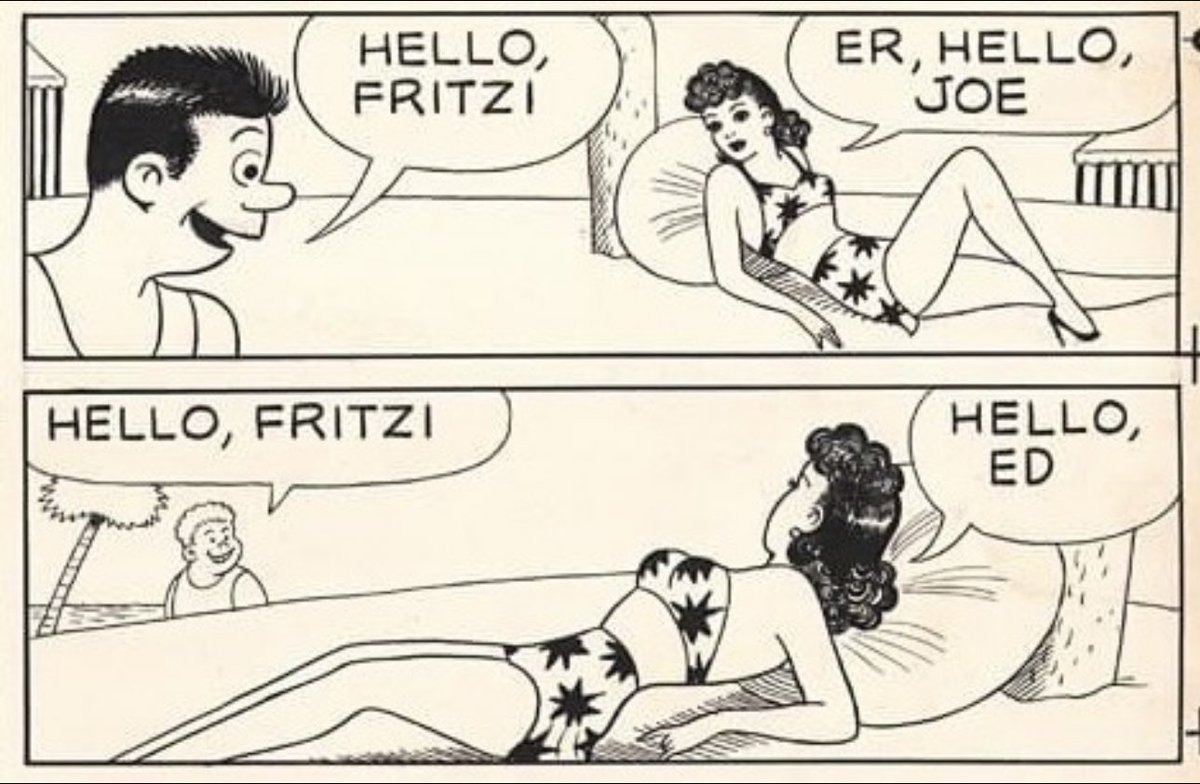 erniebushmiller's tweet photo. Patented Bushmiller cheesecake on display along with a ‘comics’ gag to wrap it up! 
#fritzifriday #fritziritz #fritziritzcomics #erniebushmiller #nancy #nancycomics #nancyfest https://t.co/k4Hm1WDfL7
