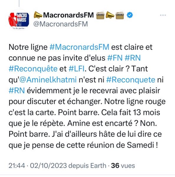 OfGuedin's tweet image. « Avec lui on peut discuter, il est poli »

« Notre ligne #MacronardsFM est claire et connue: ne pas inviter d’élus FN RN Reconquête et LFI » 

« 👍🇫🇷 »

Bon courage les gars