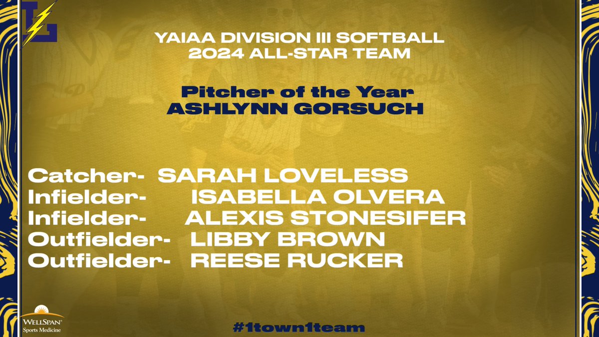 LtownAthletics's tweet photo. Big Congrats to the following softball players for being named to the YAIAA DIII All-Star Team, S.Loveless, I.Olvera, A.Stonesifer, L.Brown, R.Rucker and Ashlynn Gorsuch was named Pitcher of the Year!!!! Bolt Proud. https://t.co/vES86eoOVT