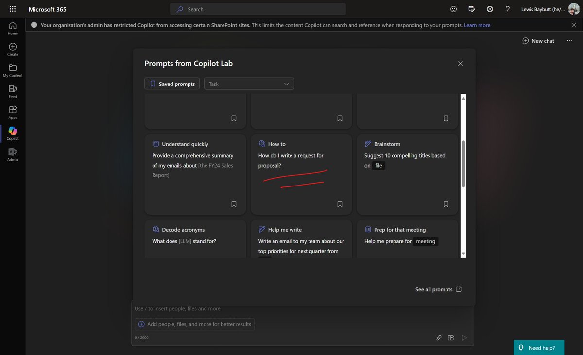 lewisdoesdev's tweet photo. Pre-Sales friends w/Copilot, drop your favourite Copilot for Microsoft 365 prompts below... I like this one I just found in #CopilotLab! 👀🚀

#HowDoesCopilotHelpYourWorkflow? https://t.co/9moReu4bAV