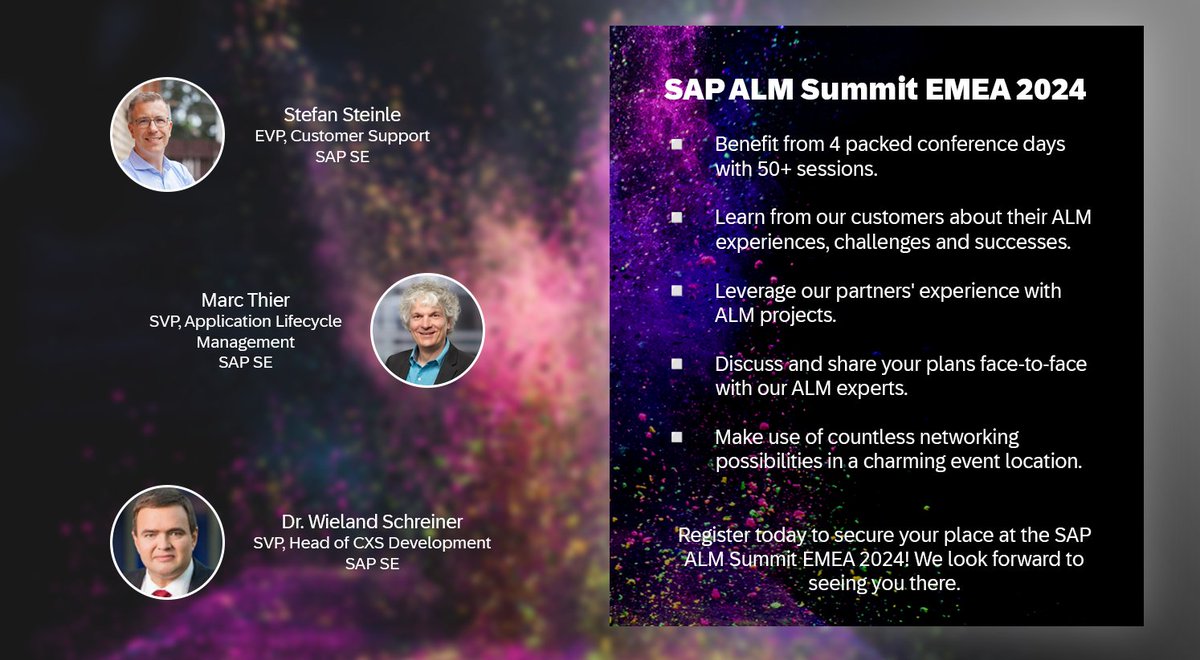 Ame__syed's tweet image. Rising to New Summits with SAP Cloud ALM. Read this blog and discover the benefits you can gain when participating in the SAP ALM Summit EMEA 2024.   #ALMSUMMIT #solman #cloudalm #focusedrun
Register today! sap.to/61100dPX58
SAP Community blog post: sap.to/61107eOyiN