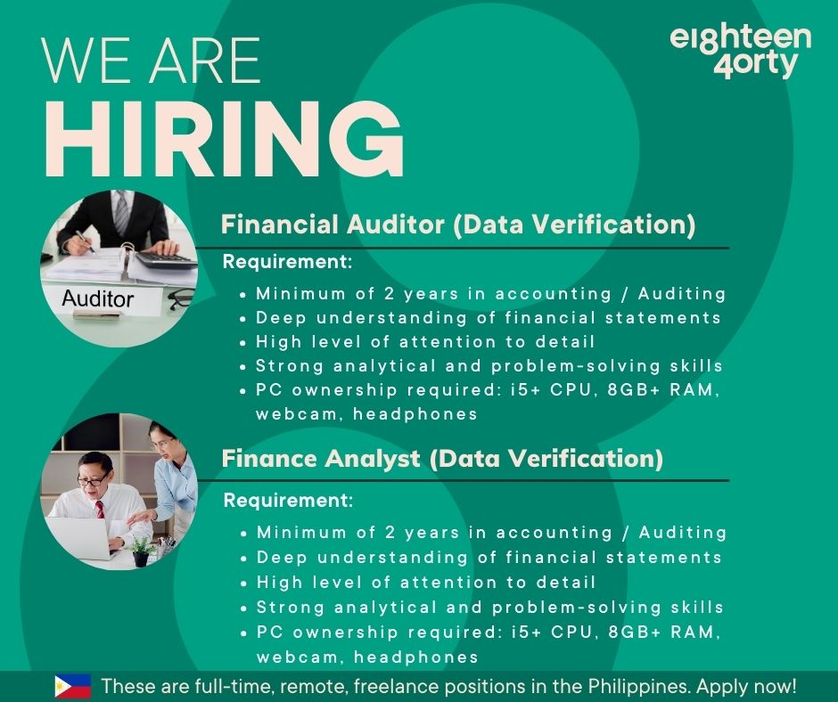 1840andCompany's tweet image. We are seeking a highly experienced Finance Analyst / Financial Auditor (Data Verification) based in the Philippines to join our team!

Learn more and apply here 👉 bit.ly/3VFShuf

#FinanceAnalyst #FinanceAuditor #DataVerification #Freelance #Remotework #Philippines