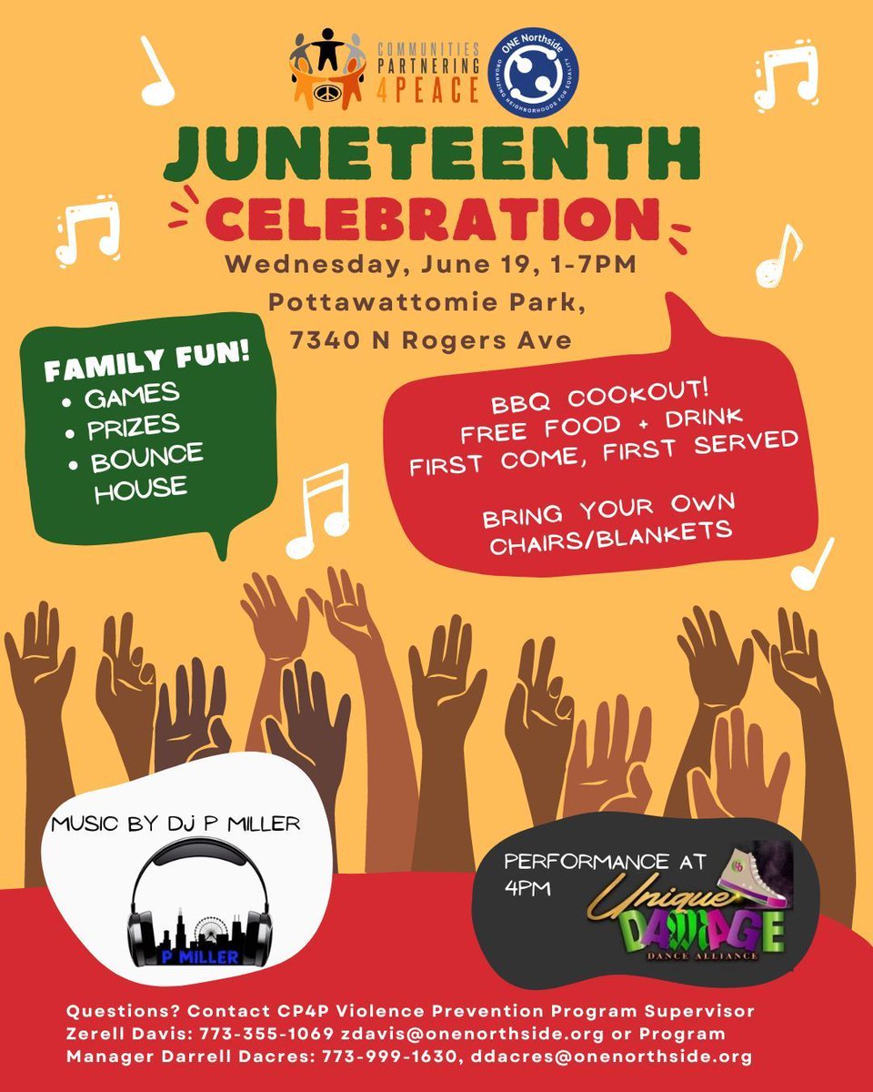 Come out next Wednesday for our CP4P team's annual Juneteenth celebration in Pottawattomie Park! We'll have food, music, a dance performance, games and a bounce house -- a good time for everyone. Meet your neighbors, have fun, enjoy the summer and celebrate Juneteenth!