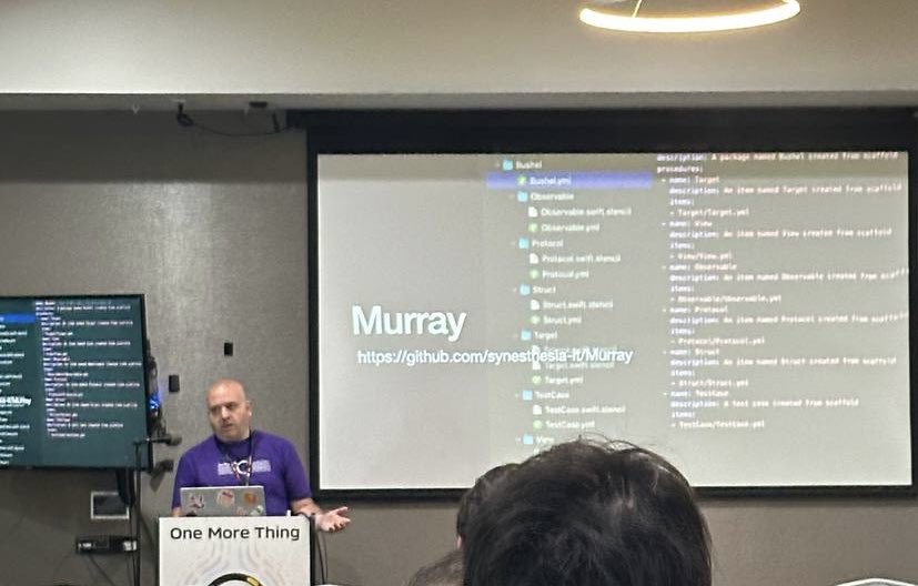 puntoste's tweet photo. So this is a pic from @freak4pc currently at WWDC / One More Thing conference where @leogdion is somehow presenting our Murray in his talk. It literally feels like yesterday when I started coding iOS stuff and this is probably one of the most valuable moments ❤️ thank you guys https://t.co/VQ3shsUTYT