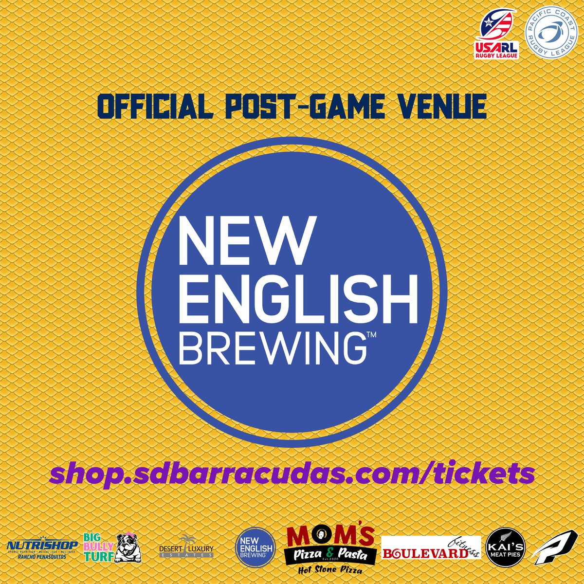 SD_Barracudas's tweet photo. 🍻 🤝 🏉
This Saturday, and at all of our home games, join us after the action at the best brewery in town, the fantastic @NewEnglishBrew!
Get your tickets now!
#SanDiego #CudaFamily #rugbyleague https://t.co/QV2zgPwEYr