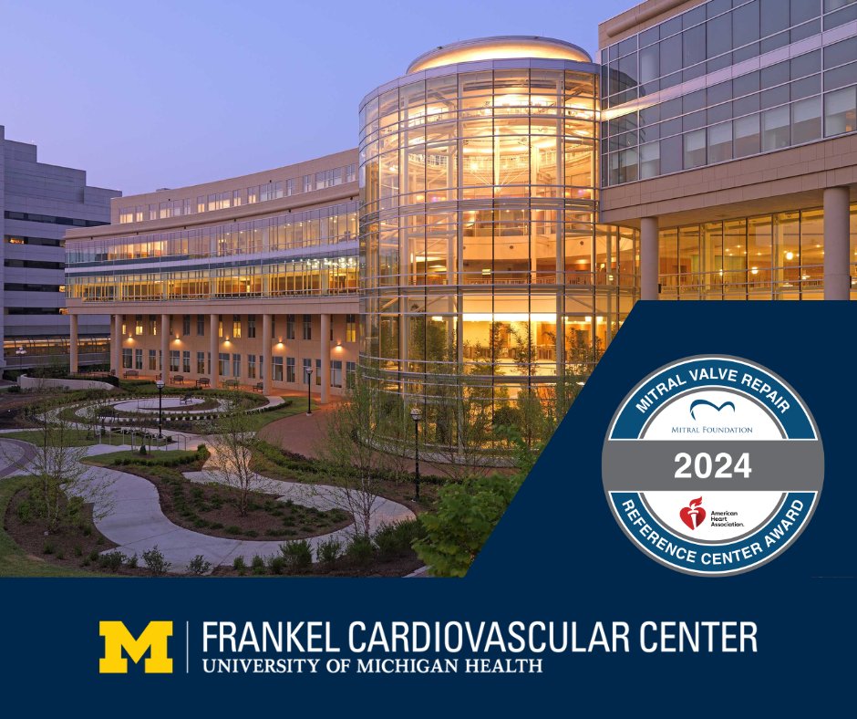 U-M Health Frankel CVC (@umichcvc) on Twitter photo The Frankel CVC has once again been awarded the Mitral Valve Repair Reference Center Award by the <a href="/American_Heart/">American Heart Association</a> and Mitral Foundation. It recognizes our hospital's demonstrated record of superior clinical outcomes & commitment to reporting quality and outcomes metrics. #GoBlue The Frankel CVC has once again been awarded the Mitral Valve Repair Reference Center Award by the <a href="/American_Heart/">American Heart Association</a> and Mitral Foundation. It recognizes our hospital's demonstrated record of superior clinical outcomes & commitment to reporting quality and outcomes metrics. #GoBlue