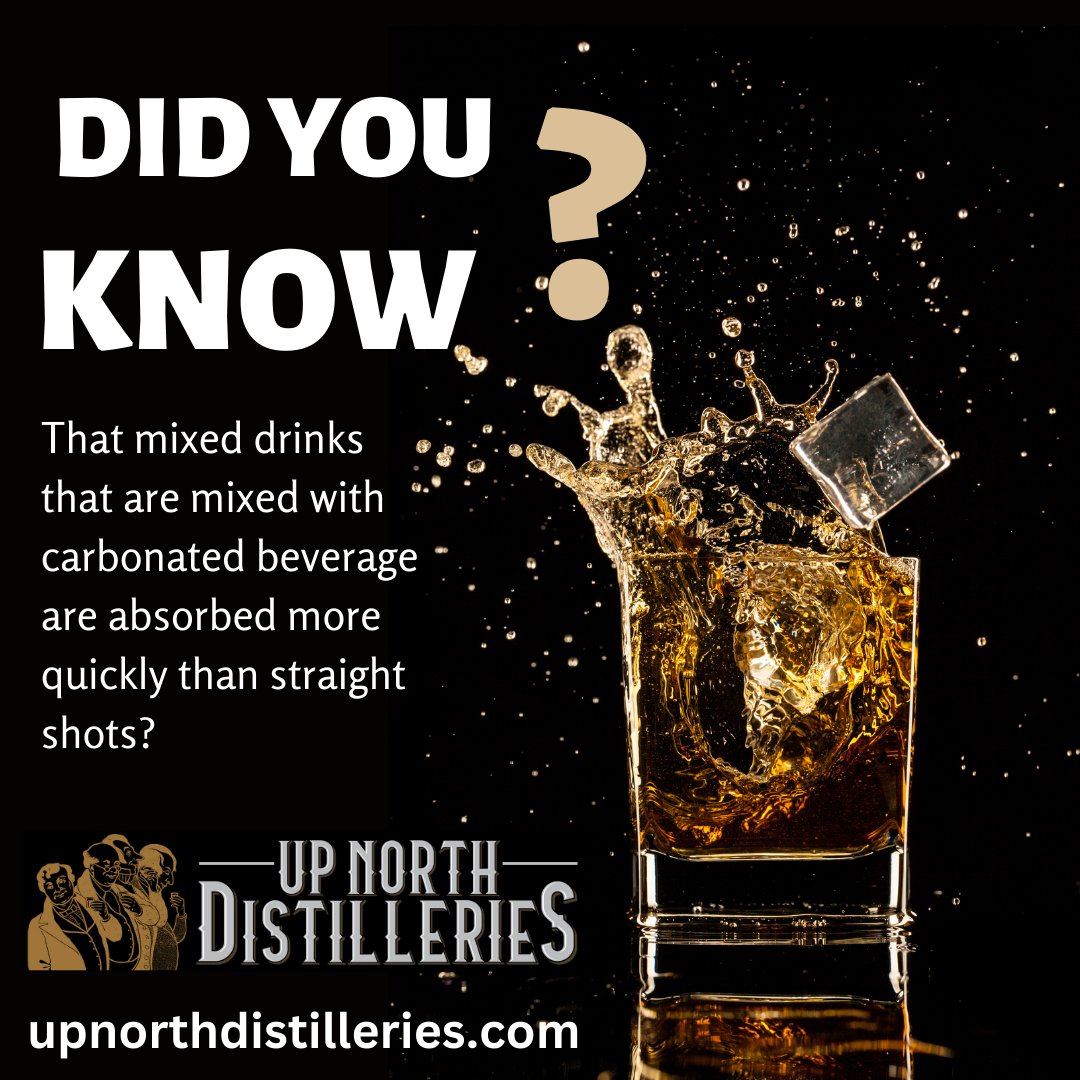 UpNorthEnterta1's tweet image. The pressure created inside the stomach and small intestine force the alcohol to be absorbed more quickly into the bloodstream. Sugars and juices also speed up the absorption rate.
#liquor #localdistillery #northernmichigan #liquortrivia #liquorfunfacts #funfacts #didyouknow