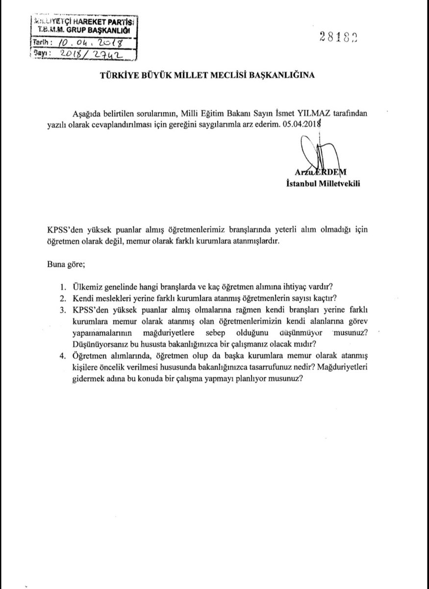 Yıllar önce Milletvekili Arzu Erdem  @arzuerdemDB  tarafından o dönemin Milli Eğitim Bakanına sorulmuş bir soruyu ben şimdiki Mili Eğitim Bakanımıza sormak istiyorum .

Sayın Yusuf Tekin <a href="/Yusuf__Tekin/">Yusuf Tekin</a> 

❓KPSS’den yüksek puanlar almış olmalarına rağmen kendi branşları yerine