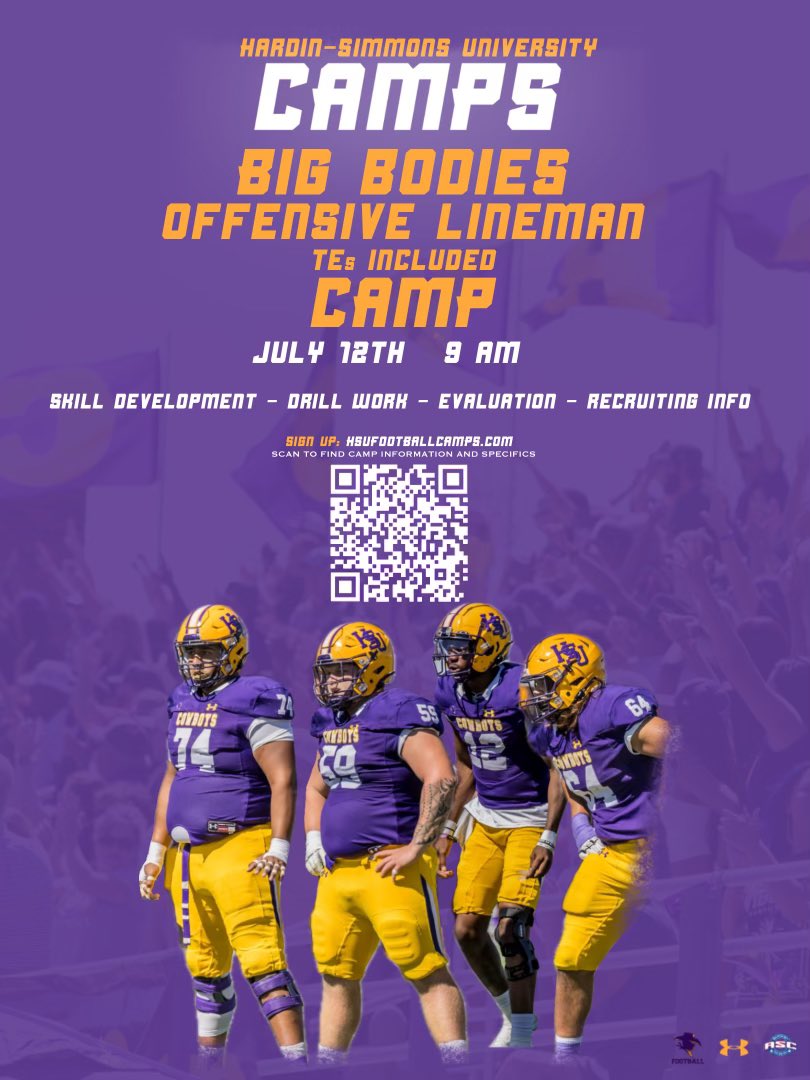 BY POPULAR DEMAND… O-LineMAN / Tight Ends Camp. 

July 12th at Hardin Simmons University. 
Skill development, drill work, recruiting info, evaluation by college coaches ALL in ONE. 

Space is limited. Get registered today. register.ryzer.com/camp.cfm?sport…
