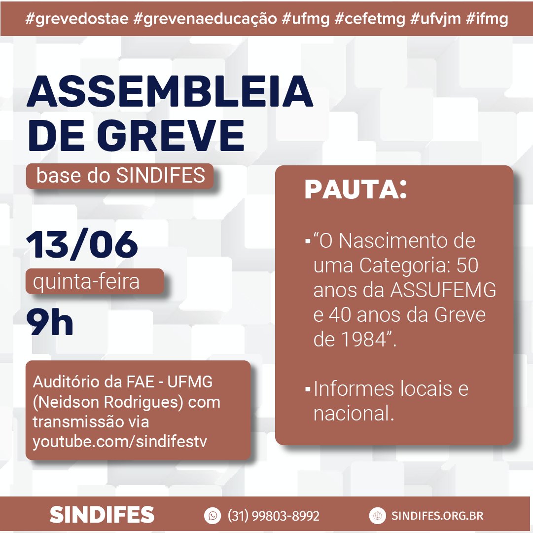 📢O Comando de Greve do SINDIFES convoca os TAE da sua base para participarem da Assembleia de Greve Temática no dia 13/6, às 9h, no auditório da FaE - UFMG. Acompanhe também pelo nosso canal do Youtube: youtube.com/watch?v=ZnXVEO…
#grevedostae #grevenaeducação