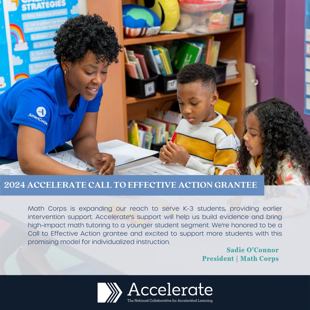 Math Corps (@math_corps) on Twitter photo We’re one of a handful of orgs & school districts chosen by <a href="/Accelerate_US/">Accelerate</a> to join the 2024 cohort of Call to Effective Action grantees. This grant will help us make our tutoring model easier for schools to implement & help us grow our research. Congrats to all the grantees! We’re one of a handful of orgs & school districts chosen by <a href="/Accelerate_US/">Accelerate</a> to join the 2024 cohort of Call to Effective Action grantees. This grant will help us make our tutoring model easier for schools to implement & help us grow our research. Congrats to all the grantees!