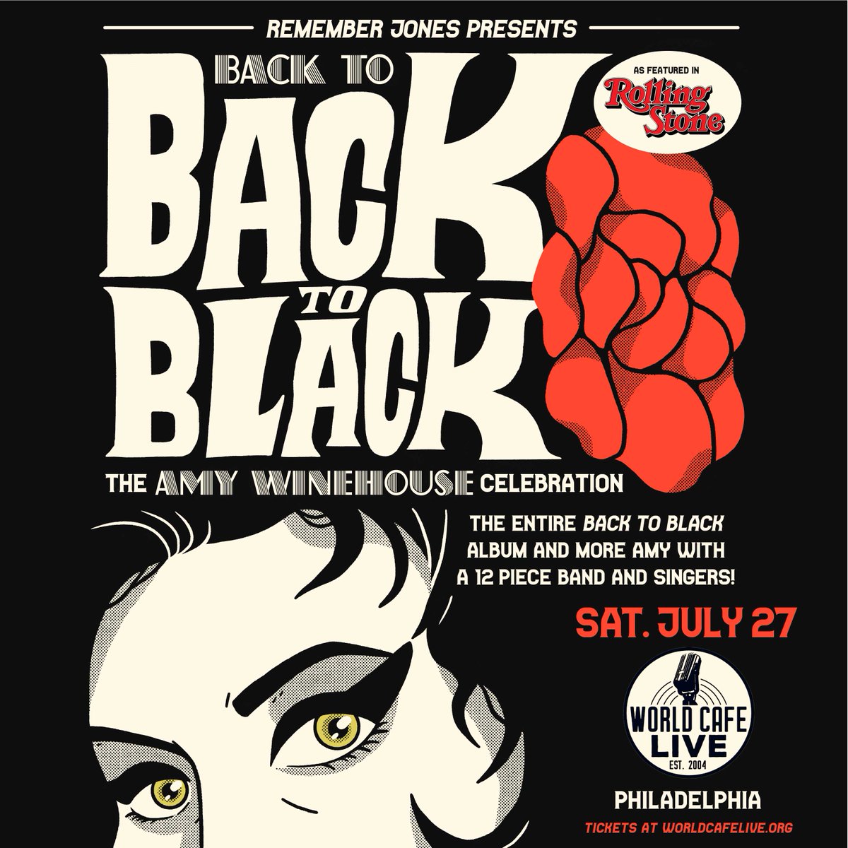 World Cafe Live (@worldcafelive) on Twitter photo *Just Announced* Celebrate the life + music of legendary artist Amy Winehouse with a 12-piece band and their revival of her 'Back To Black' album in its entirety 🖤 Hosted by <a href="/remember_jones/">Remember Jones</a> in Philly on Saturday, July 27! Tickets go on sale 12pm Friday: tinyurl.com/2bmvn2b2 *Just Announced* Celebrate the life + music of legendary artist Amy Winehouse with a 12-piece band and their revival of her 'Back To Black' album in its entirety 🖤 Hosted by <a href="/remember_jones/">Remember Jones</a> in Philly on Saturday, July 27! Tickets go on sale 12pm Friday: tinyurl.com/2bmvn2b2