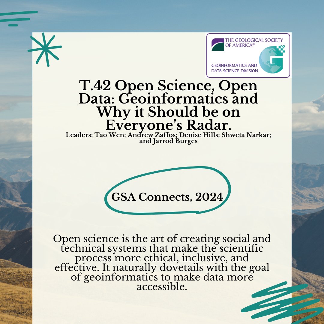 gsageoinfo's tweet photo. Attending GSA Connects this year? Don't forget to add Session T.42 "Open Science, Open Data: Geoinformatics and Why it Should be on Everyone’s Radar." and Session T.77 "Reaching New Audiences through Data-rich Art and Geoscience Collaborations." to your list! https://t.co/2qU1WEmWmx