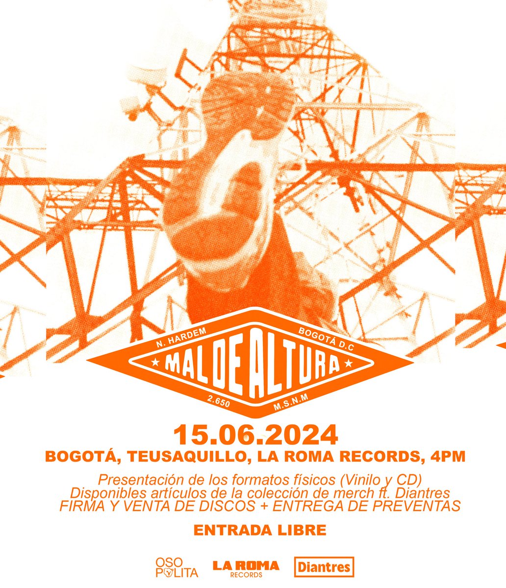 n_hardem's tweet photo. SÁBADO 15 DE JUNIO 4-8PM, ENTRADA LIBRE en LA ROMA RECORDS Teusaquillo !

Presentando las ediciones físicas de 'MAL DE ALTURA'.

Entrega de preventas, venta y firma de discos.

Disponibles artículos de la nueva colección de merch con DIANTRES. https://t.co/IKCLJHCKKa