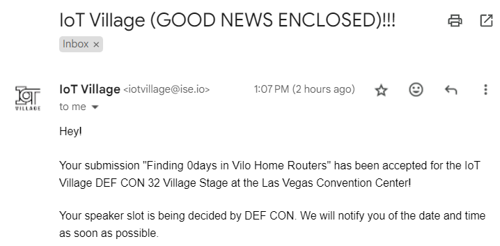 legoclones's tweet image. Happy to announce I will be speaking at @IoTvillage for @defcon 32 with 2 of my schoolmates!! We will be speaking about how we discovered the first 0days for Vilo Home Routers!
