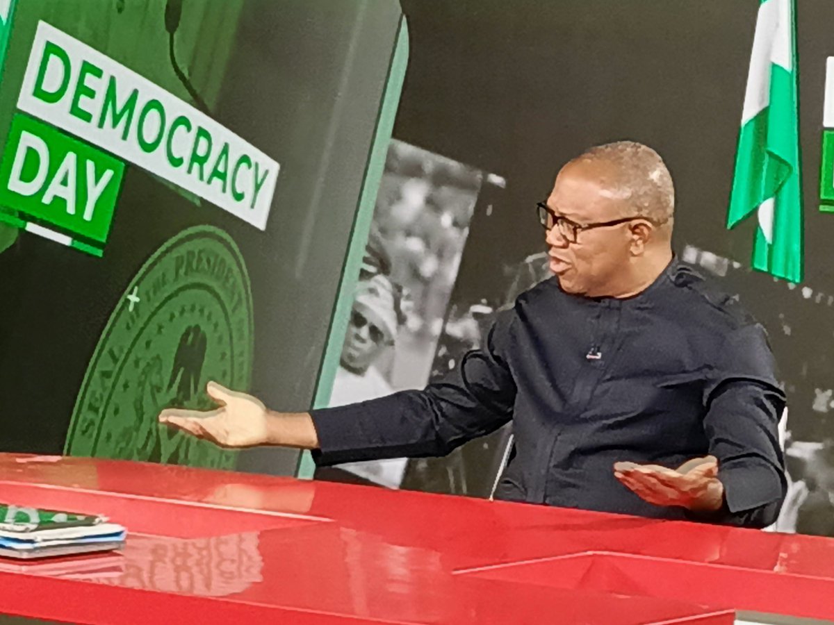 Spotlight_Abby's tweet photo. CHARLES ANIAGOLU: How would you assess Tinubu's one year in office.

PETER OBI: I think he has kept to his campaign promises to continue from where Buhari stopped. He has driven up food inflation, energy prices, & increased Nigeria's debts - >₦16 trillion. Tinubu has destroyed Nigerian economy, far below other African countries we were better than.