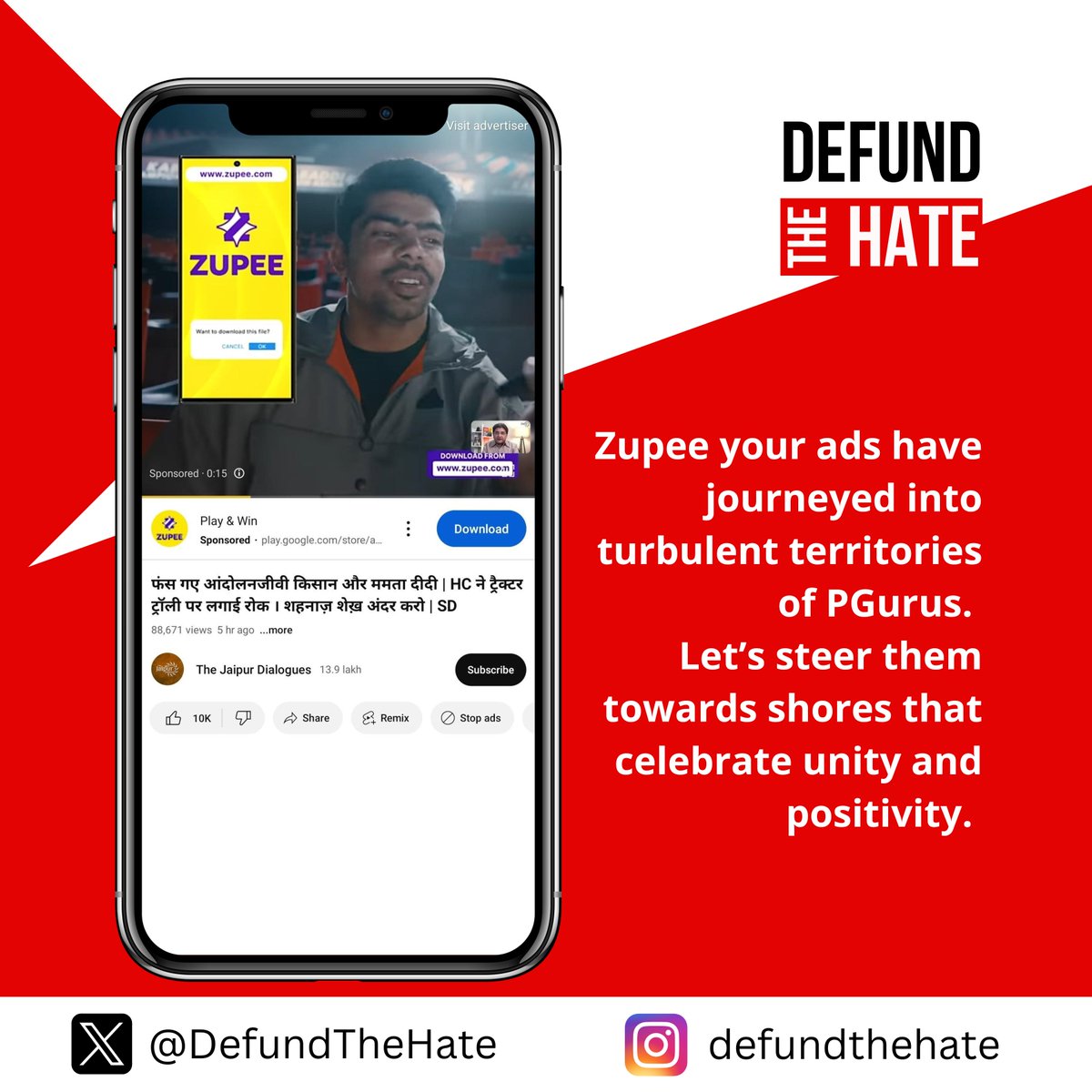 DefundTheHate's tweet photo. Either skillfully or by luck, @ZupeeOfficial your advertisements are appearing on divisive and hateful platforms like PGurus. We kindly request that you review and reconsider the channels through which your advertisements are distributed. https://t.co/U2NKKTob5J