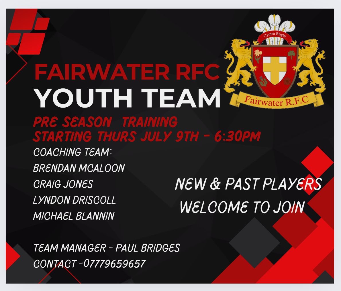 *** News Alert ***
Following the end of the 2023 / 24 Season, we are pleased to announce the new management team that will take the Youth team forward in 2024 / 25. Preseason starts on the 9th July’24 so anyone interested please come along 🔴⚪️🔴⚪️
<a href="/FairwaterRFC/">Fairwater RFC</a> <a href="/FRFCMiniJuniors/">Fairwater RFC Minis & Juniors</a>
