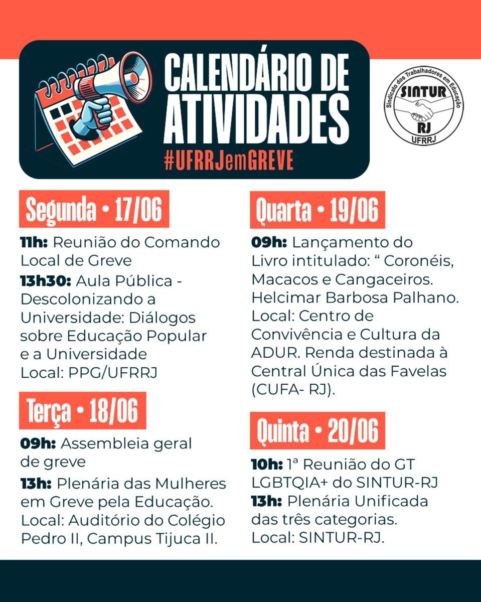Confira o calendário das atividades de greve para a próxima semana.
Participe!

Comando Local de Greve do SINTUR-RJ

👉 Siga nossas redes:

📲 No Instagram:
instagram.com/p/C5tXnOWrHZf/…

📲 No Facebook:
facebook.com/sinturrj.sindi…

🔗 Site do SINTUR-RJ: 
sinturrj.org.br